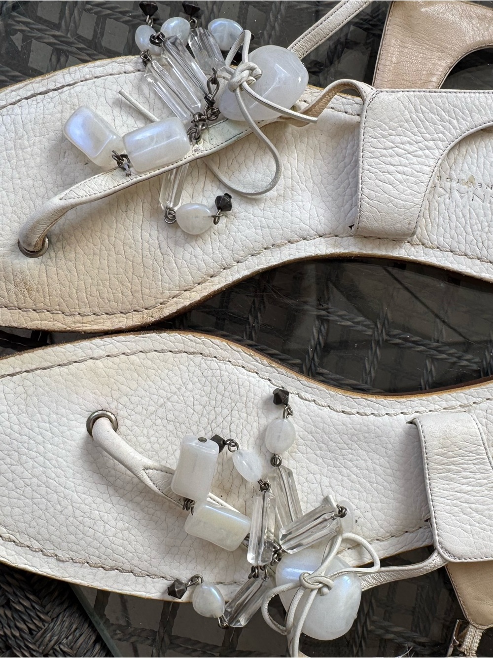 Donna Karan White Beaded Leather Slide Sandals